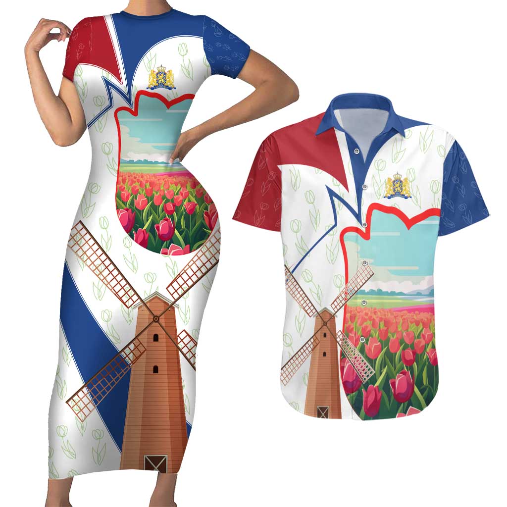 Netherlands Heritage Couples Matching Short Sleeve Bodycon Dress and Hawaiian Shirt with Tulips Windmill and Coat of Arms