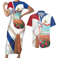 Netherlands Heritage Couples Matching Short Sleeve Bodycon Dress and Hawaiian Shirt with Tulips Windmill and Coat of Arms