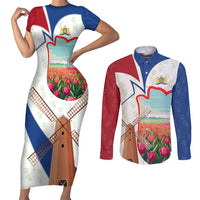 Netherlands Heritage Couples Matching Short Sleeve Bodycon Dress and Long Sleeve Button Shirt with Tulips Windmill and Coat of Arms