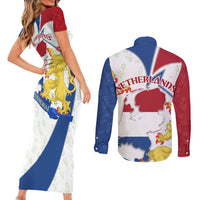 Netherlands Heritage Couples Matching Short Sleeve Bodycon Dress and Long Sleeve Button Shirt with Tulips Windmill and Coat of Arms