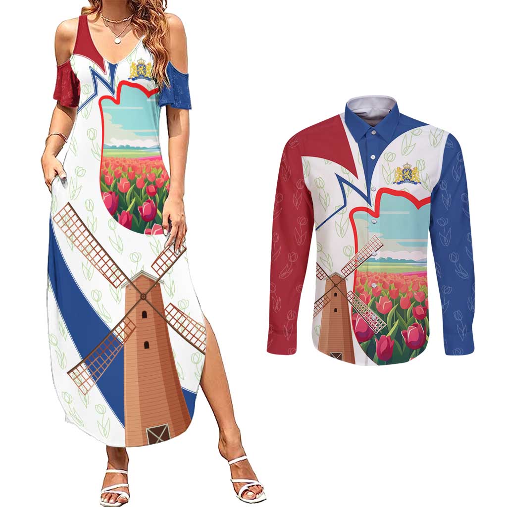 Netherlands Heritage Couples Matching Summer Maxi Dress and Long Sleeve Button Shirt with Tulips Windmill and Coat of Arms