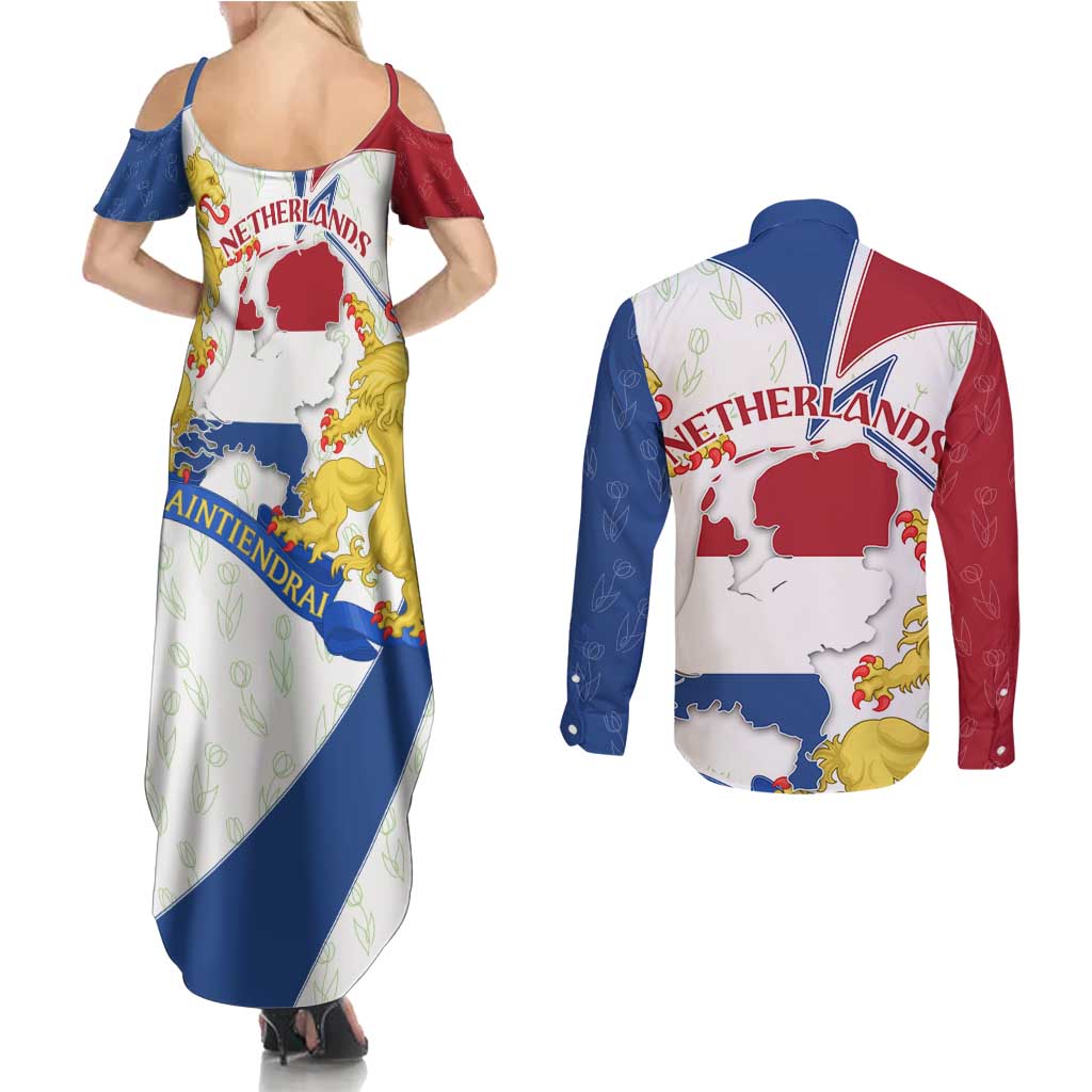 Netherlands Heritage Couples Matching Summer Maxi Dress and Long Sleeve Button Shirt with Tulips Windmill and Coat of Arms