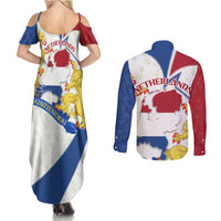 Netherlands Heritage Couples Matching Summer Maxi Dress and Long Sleeve Button Shirt with Tulips Windmill and Coat of Arms