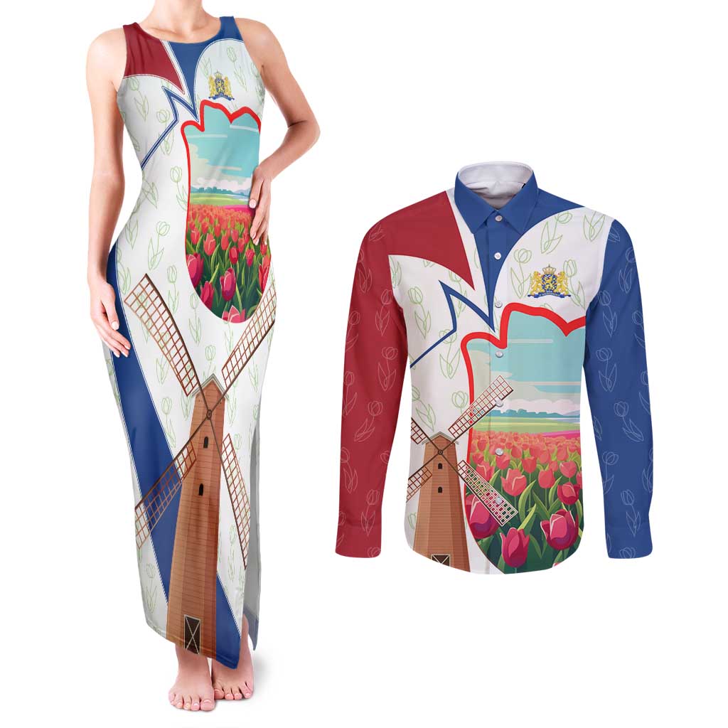 Netherlands Heritage Couples Matching Tank Maxi Dress and Long Sleeve Button Shirt with Tulips Windmill and Coat of Arms