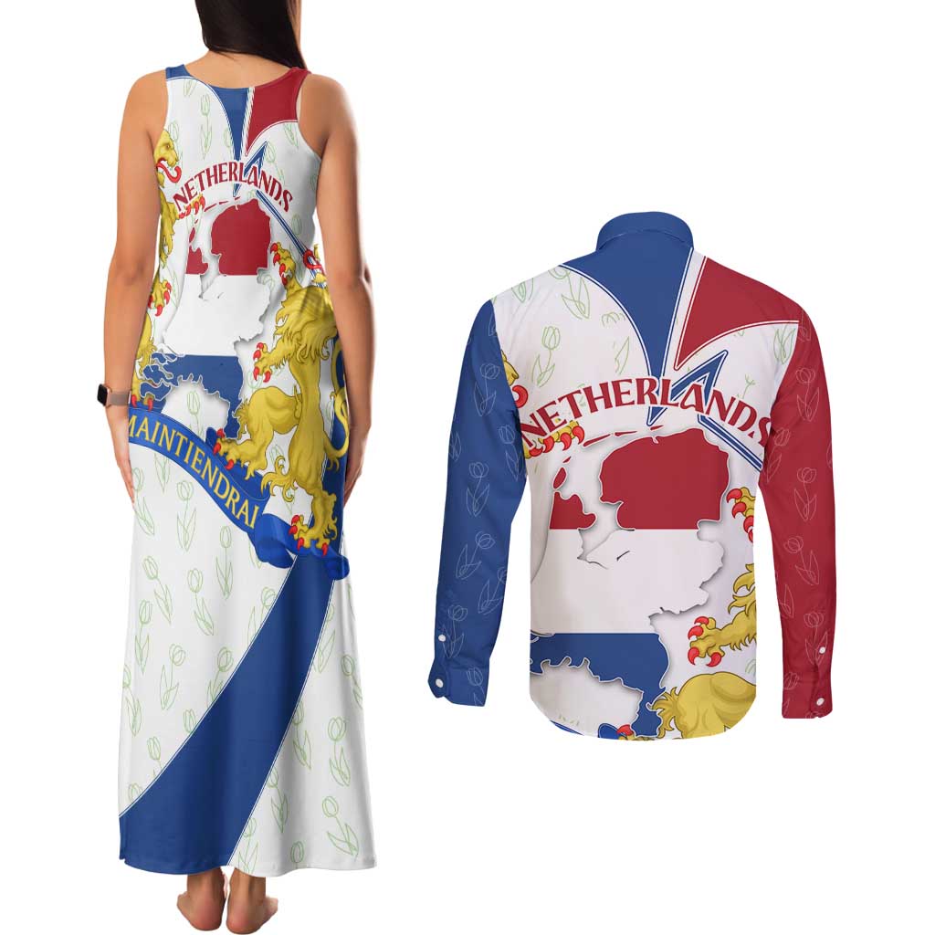Netherlands Heritage Couples Matching Tank Maxi Dress and Long Sleeve Button Shirt with Tulips Windmill and Coat of Arms