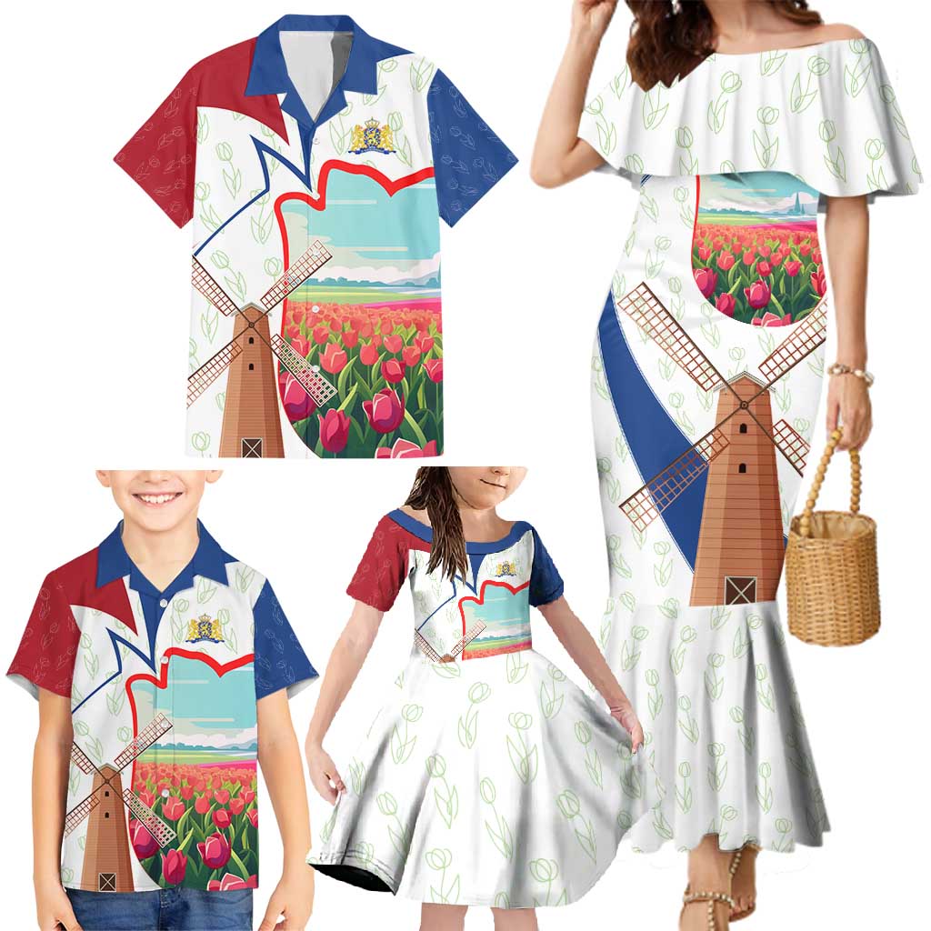 Netherlands Heritage Family Matching Mermaid Dress and Hawaiian Shirt with Tulips Windmill and Coat of Arms