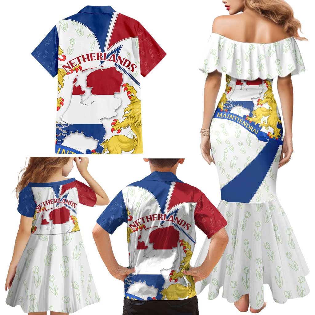 Netherlands Heritage Family Matching Mermaid Dress and Hawaiian Shirt with Tulips Windmill and Coat of Arms