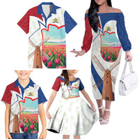 Netherlands Heritage Family Matching Off The Shoulder Long Sleeve Dress and Hawaiian Shirt with Tulips Windmill and Coat of Arms