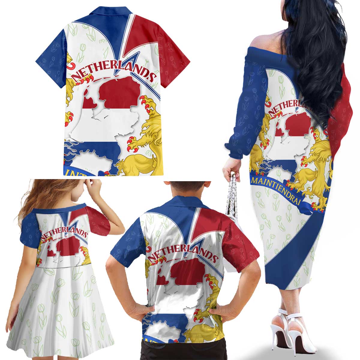 Netherlands Heritage Family Matching Off The Shoulder Long Sleeve Dress and Hawaiian Shirt with Tulips Windmill and Coat of Arms