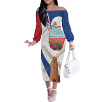 Netherlands Heritage Family Matching Off The Shoulder Long Sleeve Dress and Hawaiian Shirt with Tulips Windmill and Coat of Arms