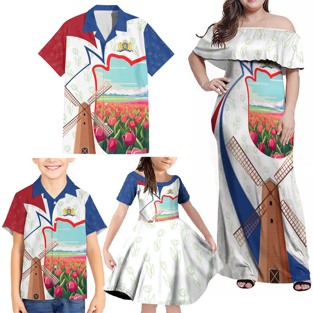 Netherlands Heritage Family Matching Off Shoulder Maxi Dress and Hawaiian Shirt with Tulips Windmill and Coat of Arms