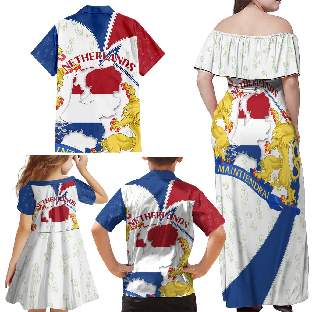 Netherlands Heritage Family Matching Off Shoulder Maxi Dress and Hawaiian Shirt with Tulips Windmill and Coat of Arms