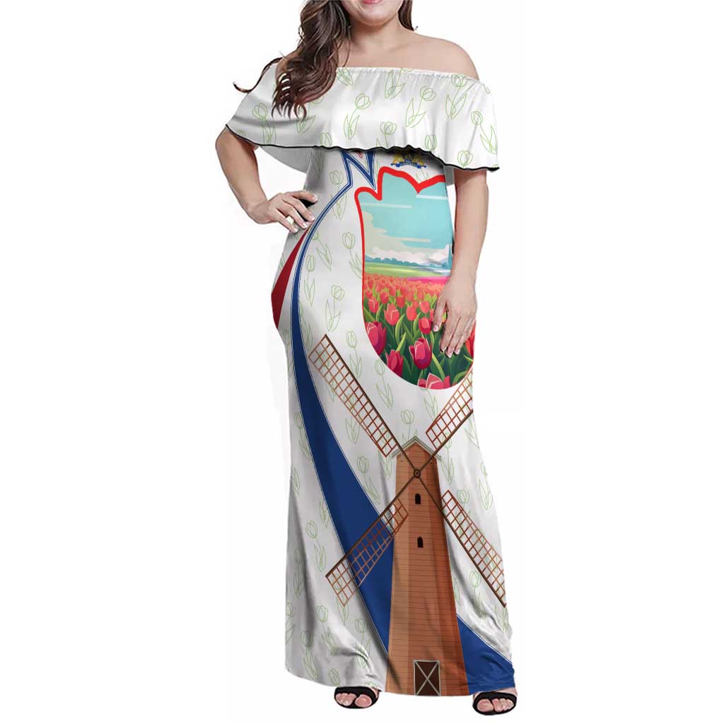 Netherlands Heritage Family Matching Off Shoulder Maxi Dress and Hawaiian Shirt with Tulips Windmill and Coat of Arms