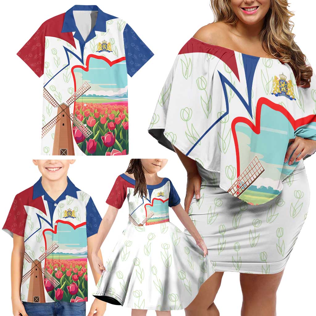 Netherlands Heritage Family Matching Off Shoulder Short Dress and Hawaiian Shirt with Tulips Windmill and Coat of Arms