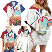 Netherlands Heritage Family Matching Off Shoulder Short Dress and Hawaiian Shirt with Tulips Windmill and Coat of Arms