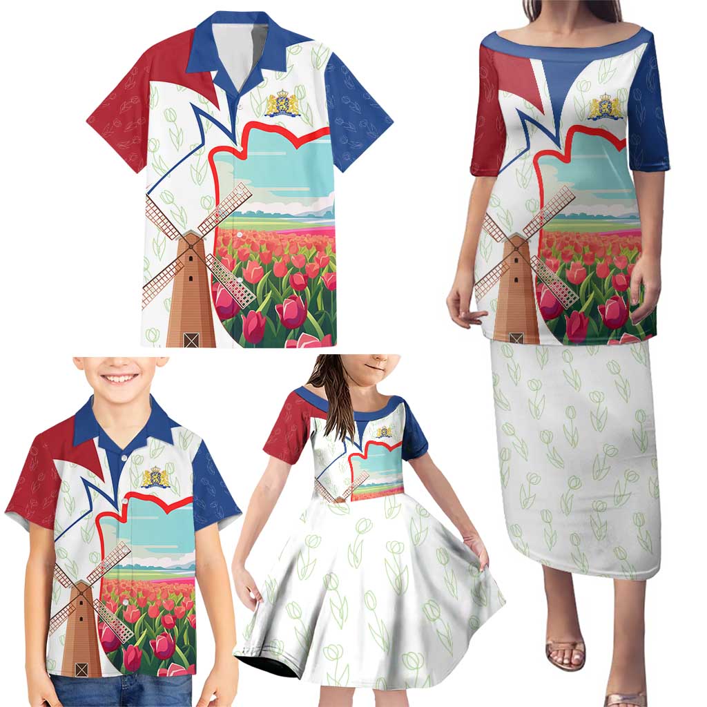 Netherlands Heritage Family Matching Puletasi and Hawaiian Shirt with Tulips Windmill and Coat of Arms