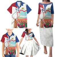 Netherlands Heritage Family Matching Puletasi and Hawaiian Shirt with Tulips Windmill and Coat of Arms