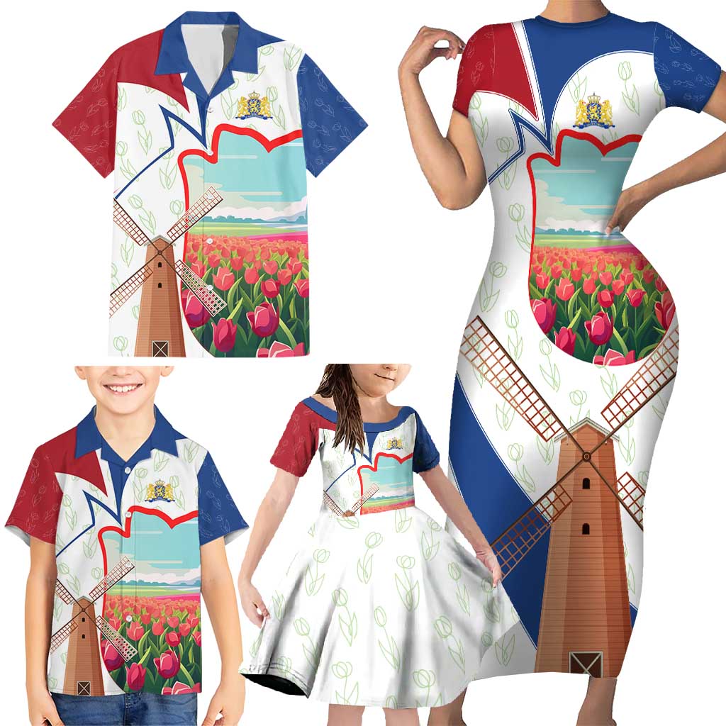 Netherlands Heritage Family Matching Short Sleeve Bodycon Dress and Hawaiian Shirt with Tulips Windmill and Coat of Arms