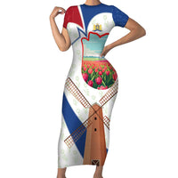 Netherlands Heritage Family Matching Short Sleeve Bodycon Dress and Hawaiian Shirt with Tulips Windmill and Coat of Arms