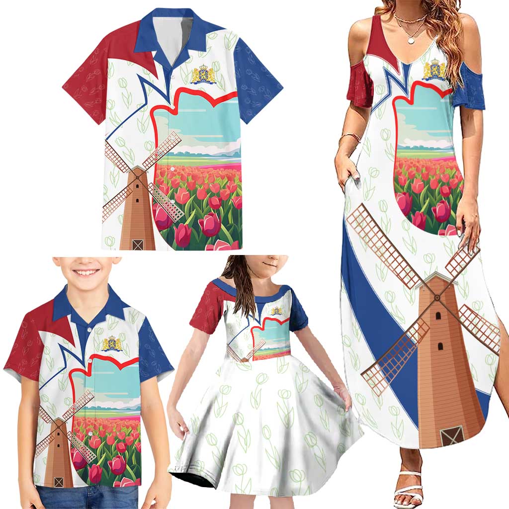 Netherlands Heritage Family Matching Summer Maxi Dress and Hawaiian Shirt with Tulips Windmill and Coat of Arms