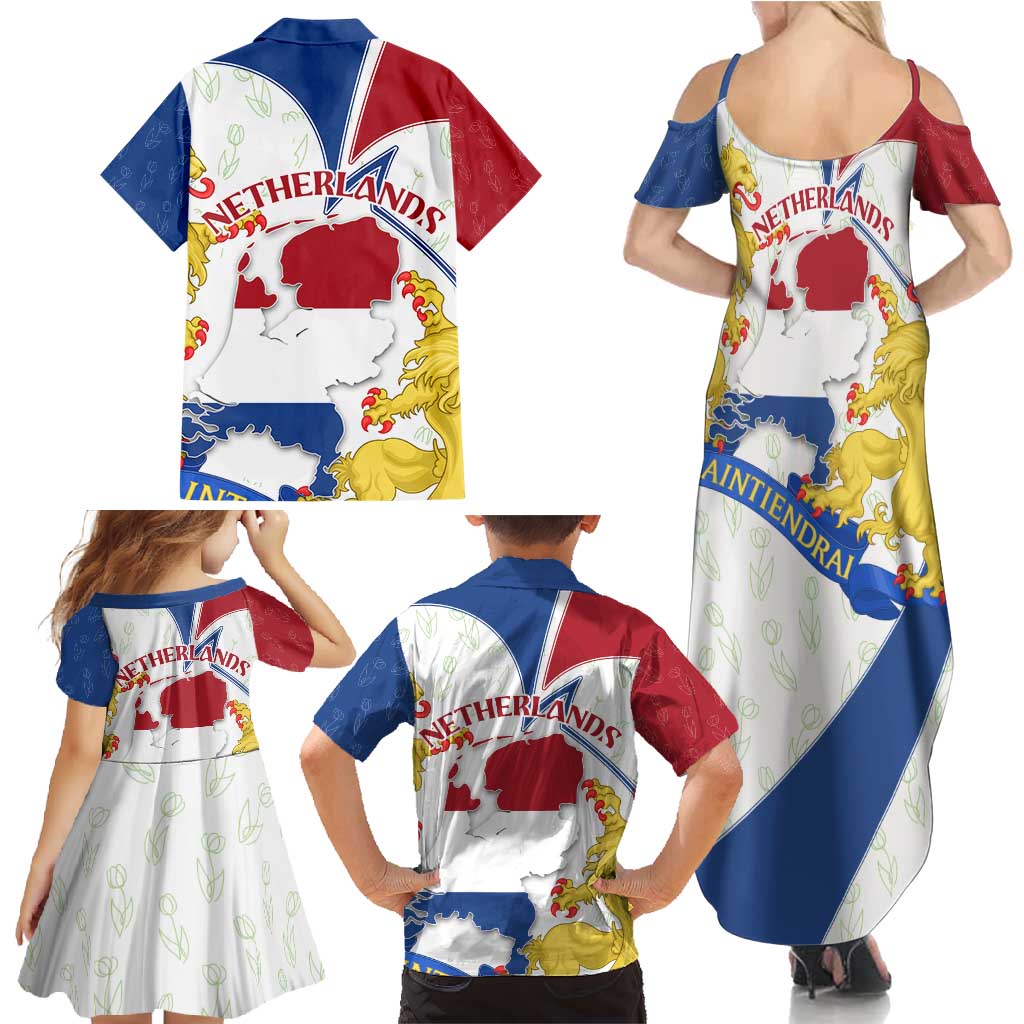 Netherlands Heritage Family Matching Summer Maxi Dress and Hawaiian Shirt with Tulips Windmill and Coat of Arms