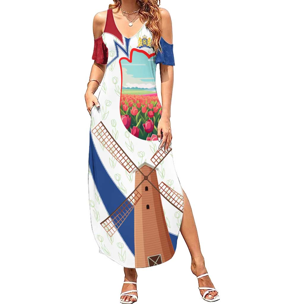 Netherlands Heritage Family Matching Summer Maxi Dress and Hawaiian Shirt with Tulips Windmill and Coat of Arms