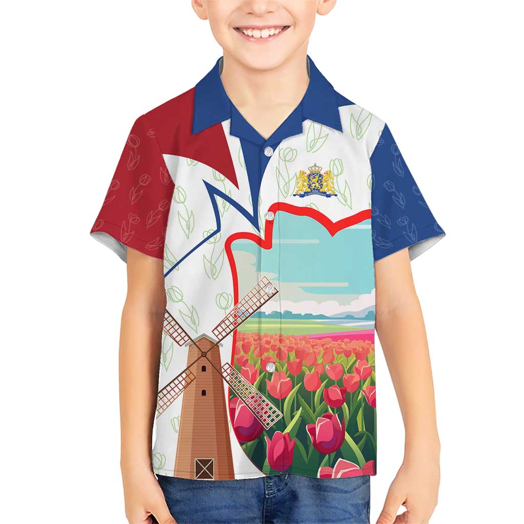 Netherlands Heritage Kid Hawaiian Shirt with Tulips Windmill and Coat of Arms