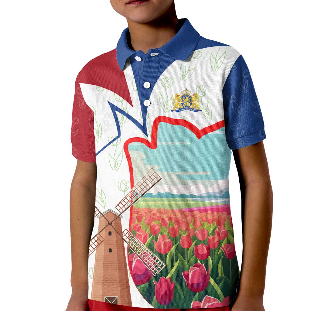 Netherlands Heritage Kid Polo Shirt with Tulips Windmill and Coat of Arms