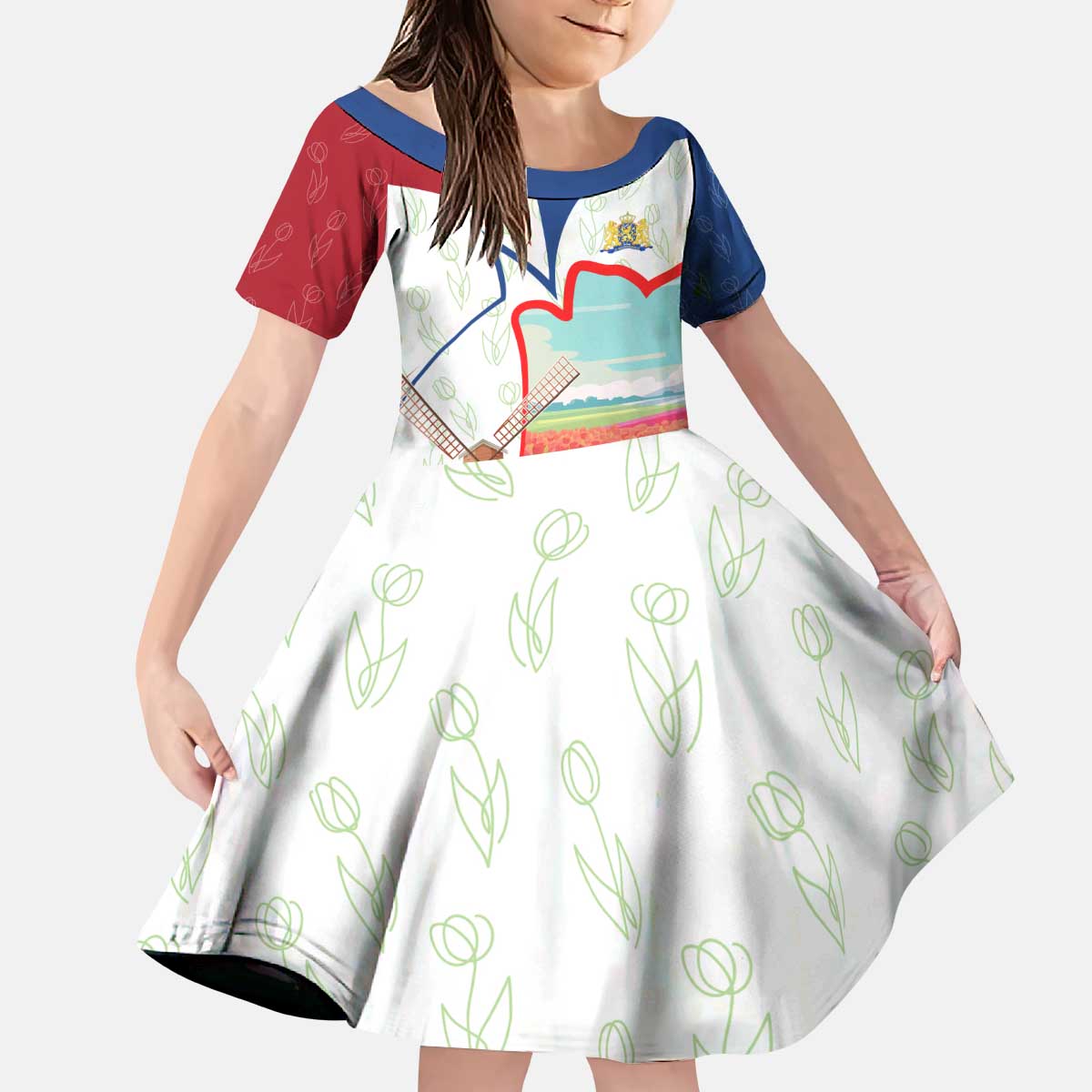 Netherlands Heritage Kid Short Sleeve Dress with Tulips Windmill and Coat of Arms