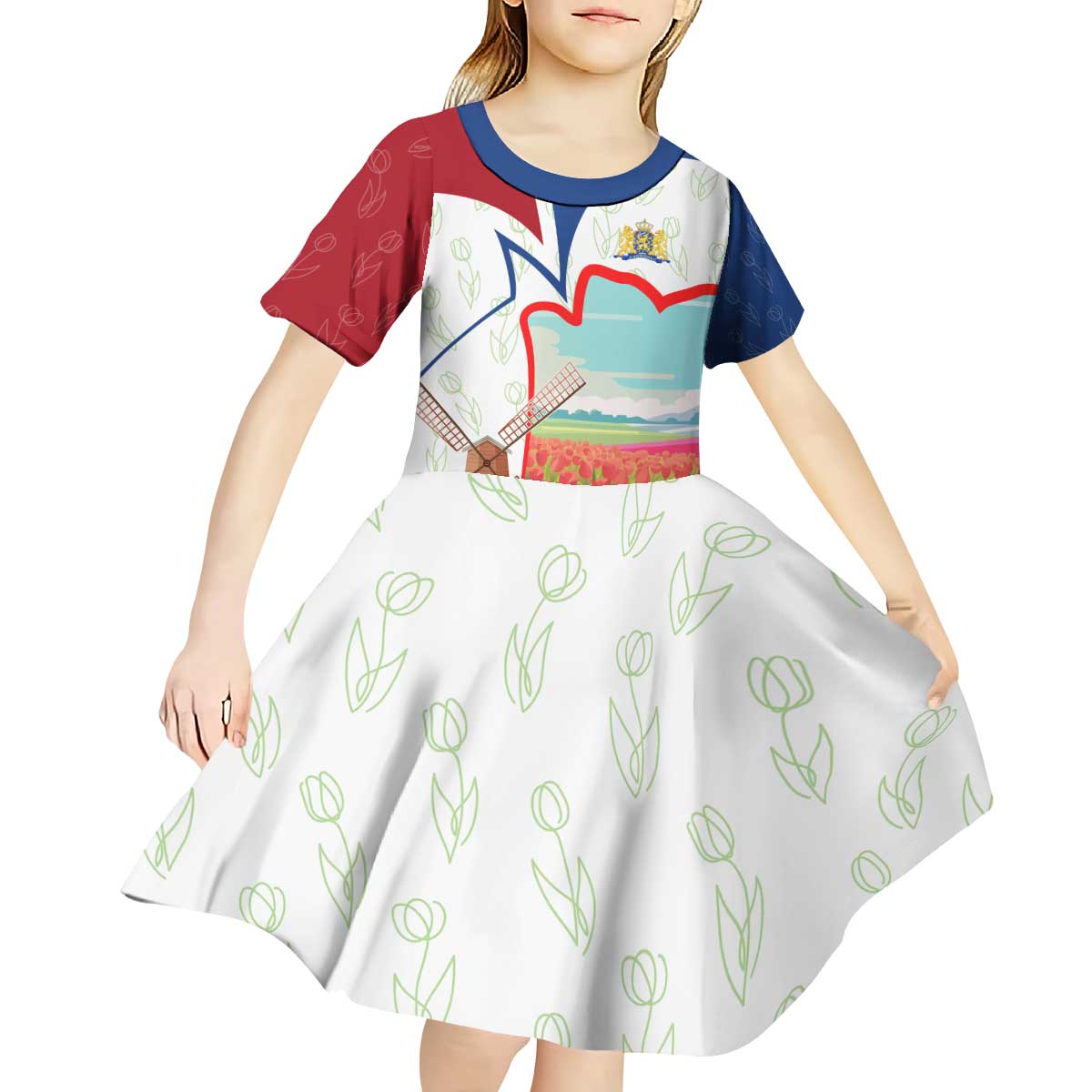Netherlands Heritage Kid Short Sleeve Dress with Tulips Windmill and Coat of Arms