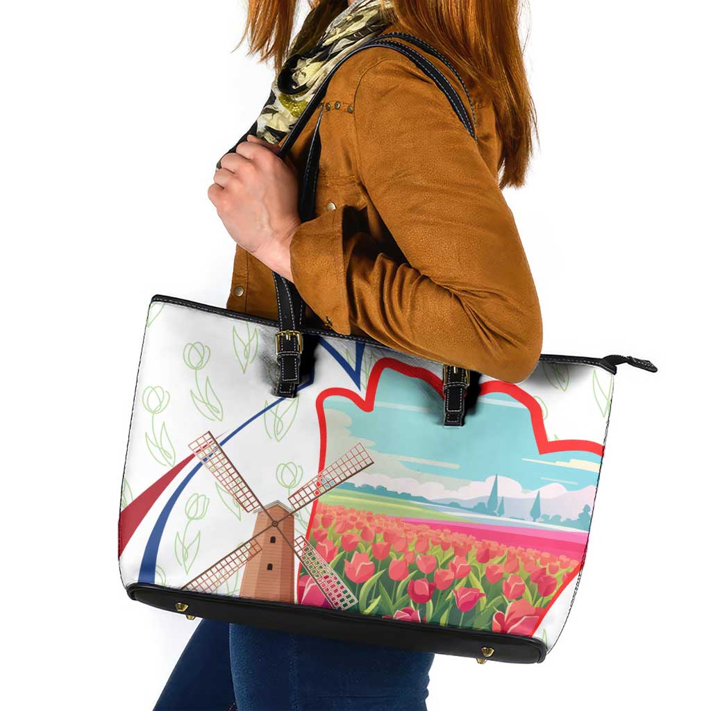 Netherlands Heritage Leather Tote Bag with Tulips Windmill and Coat of Arms