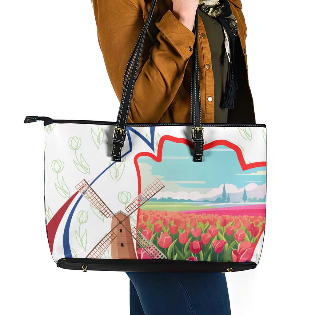 Netherlands Heritage Leather Tote Bag with Tulips Windmill and Coat of Arms