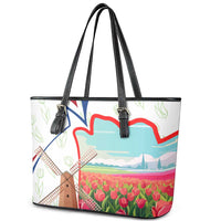 Netherlands Heritage Leather Tote Bag with Tulips Windmill and Coat of Arms