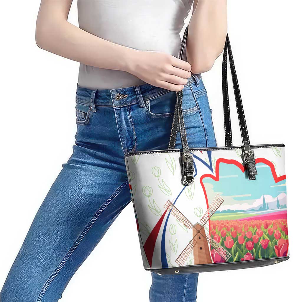Netherlands Heritage Leather Tote Bag with Tulips Windmill and Coat of Arms