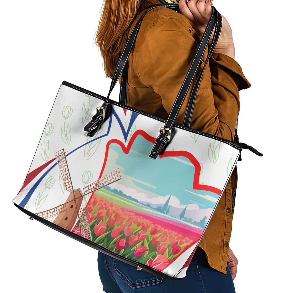 Netherlands Heritage Leather Tote Bag with Tulips Windmill and Coat of Arms