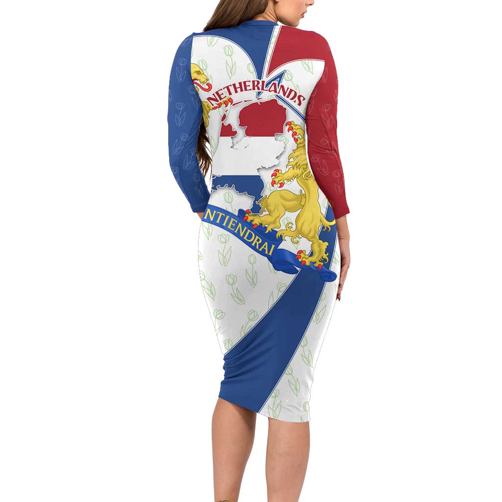 Netherlands Heritage Long Sleeve Bodycon Dress with Tulips Windmill and Coat of Arms