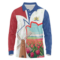 Netherlands Heritage Long Sleeve Polo Shirt with Tulips Windmill and Coat of Arms