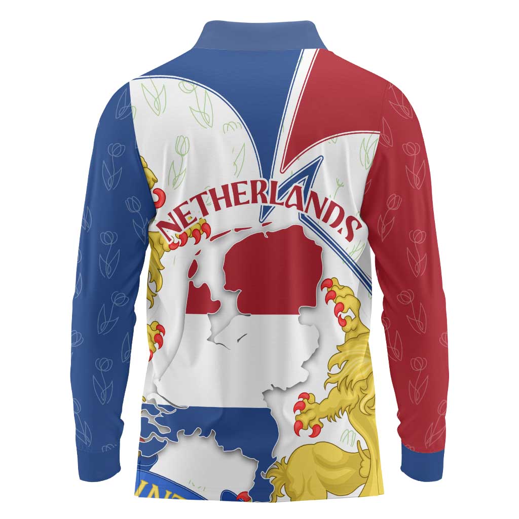 Netherlands Heritage Long Sleeve Polo Shirt with Tulips Windmill and Coat of Arms