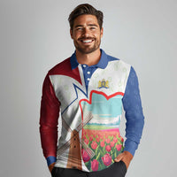 Netherlands Heritage Long Sleeve Polo Shirt with Tulips Windmill and Coat of Arms