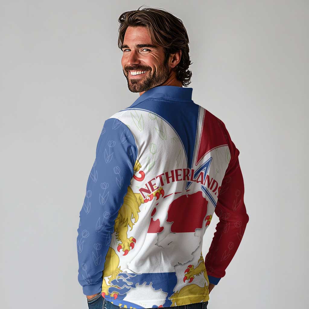 Netherlands Heritage Long Sleeve Polo Shirt with Tulips Windmill and Coat of Arms