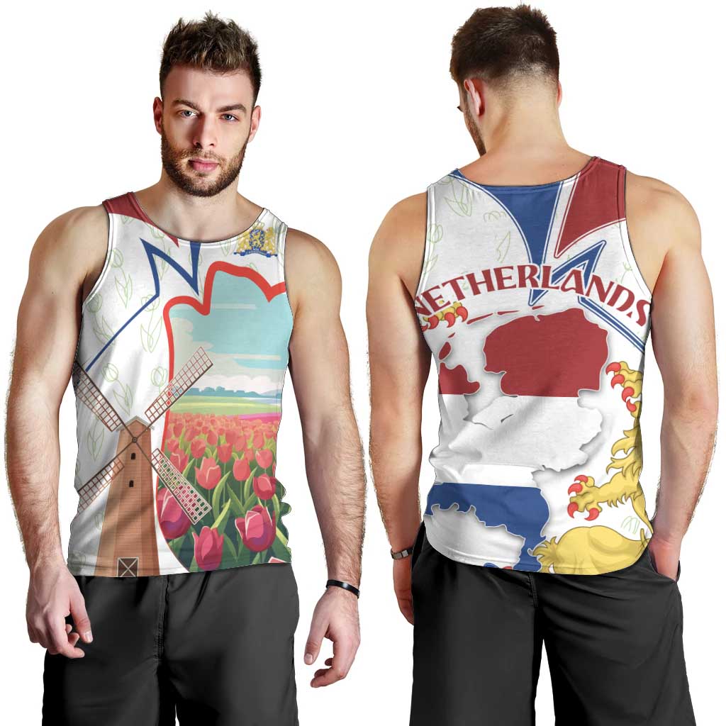 Netherlands Heritage Men Tank Top with Tulips Windmill and Coat of Arms