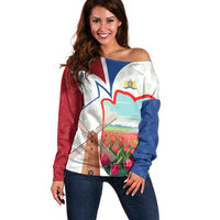 Netherlands Heritage Off Shoulder Sweater with Tulips Windmill and Coat of Arms
