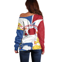 Netherlands Heritage Off Shoulder Sweater with Tulips Windmill and Coat of Arms
