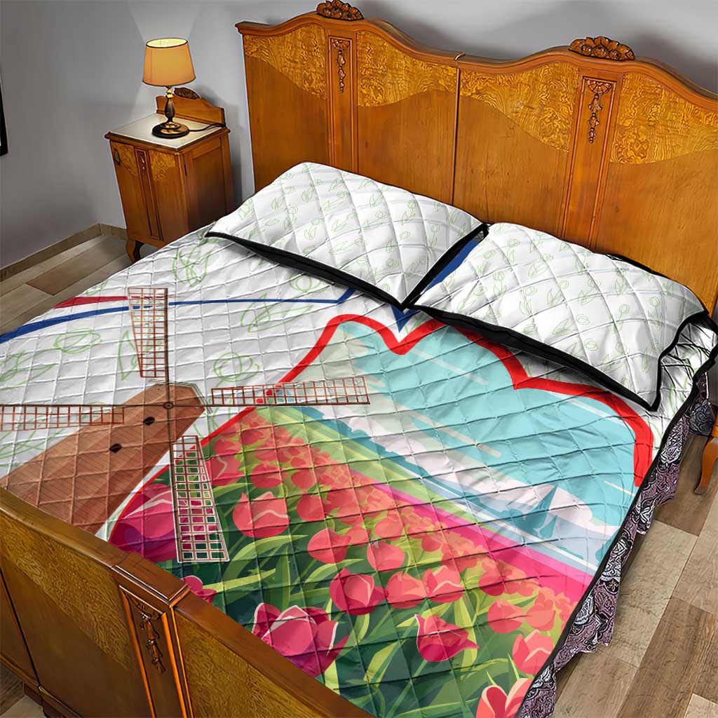 Netherlands Heritage Quilt Bed Set with Tulips Windmill and Coat of Arms