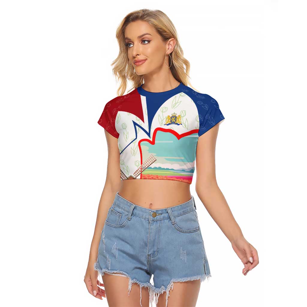 Netherlands Heritage Raglan Cropped T Shirt with Tulips Windmill and Coat of Arms