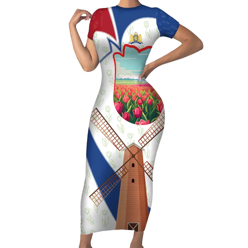 Netherlands Heritage Short Sleeve Bodycon Dress with Tulips Windmill and Coat of Arms