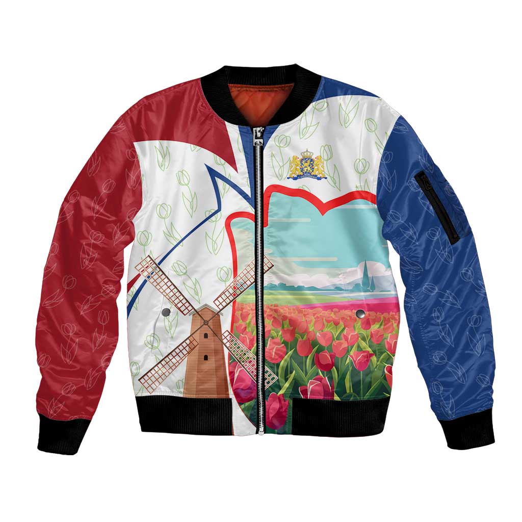 Netherlands Heritage Sleeve Zip Bomber Jacket with Tulips Windmill and Coat of Arms