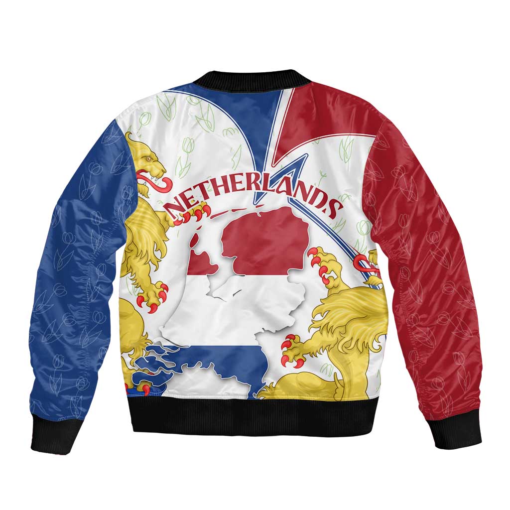 Netherlands Heritage Sleeve Zip Bomber Jacket with Tulips Windmill and Coat of Arms