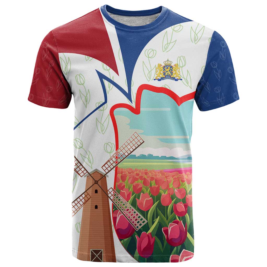 Netherlands Heritage T Shirt with Tulips Windmill and Coat of Arms