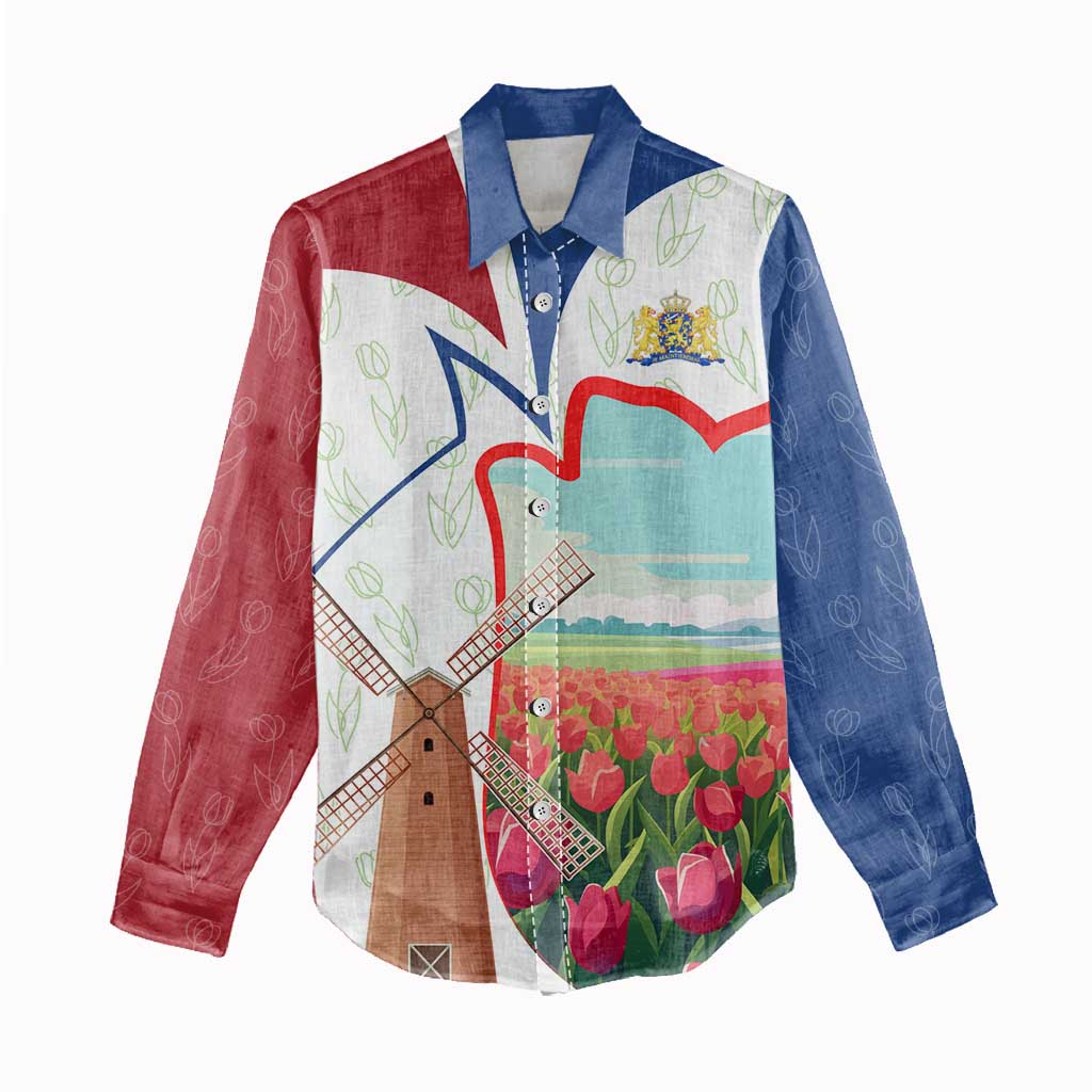 Netherlands Heritage Women Casual Shirt with Tulips Windmill and Coat of Arms